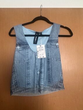 Light Wash Denim Tank Top - Faux Jean Jacket Print